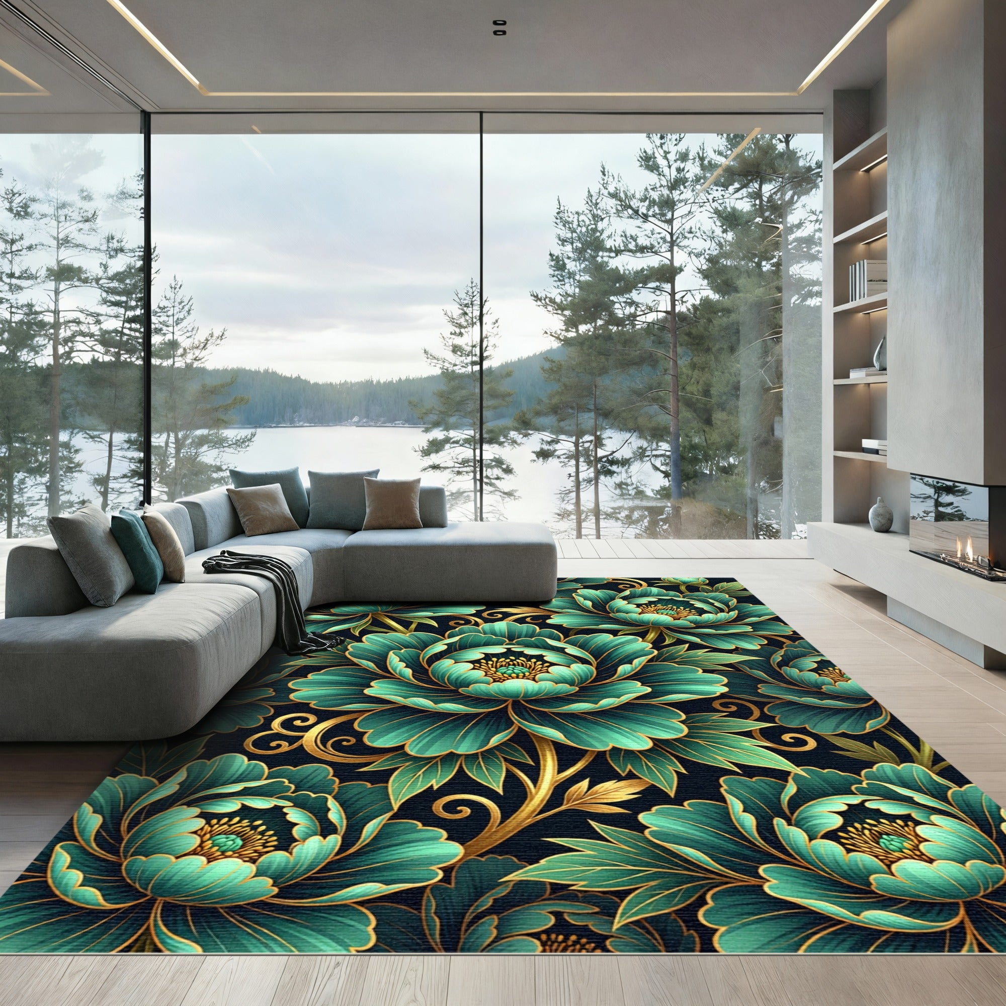 Emerald Green Gold Floral Swirl Rug