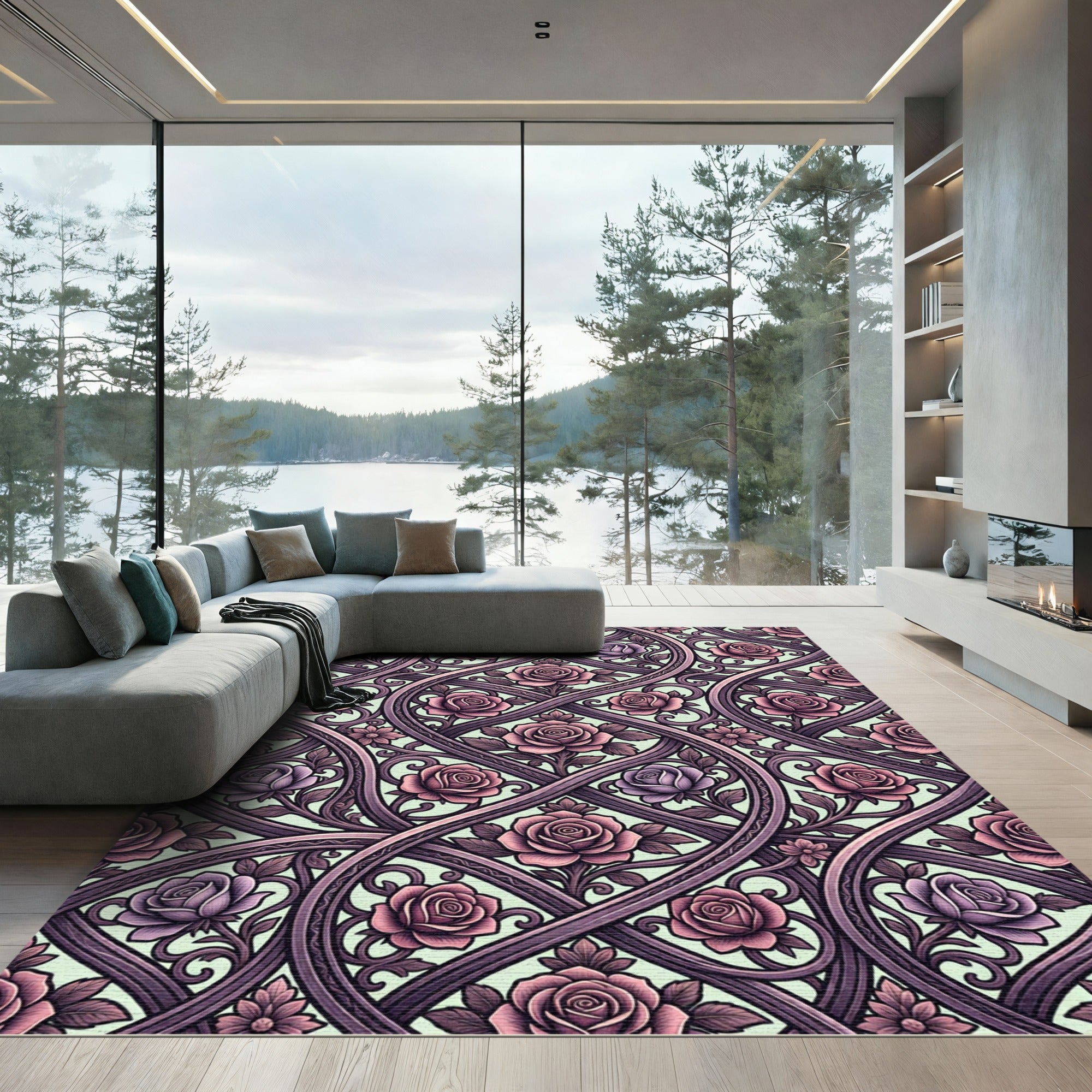 Mauve Pink Rose Scrollwork Pattern Rug