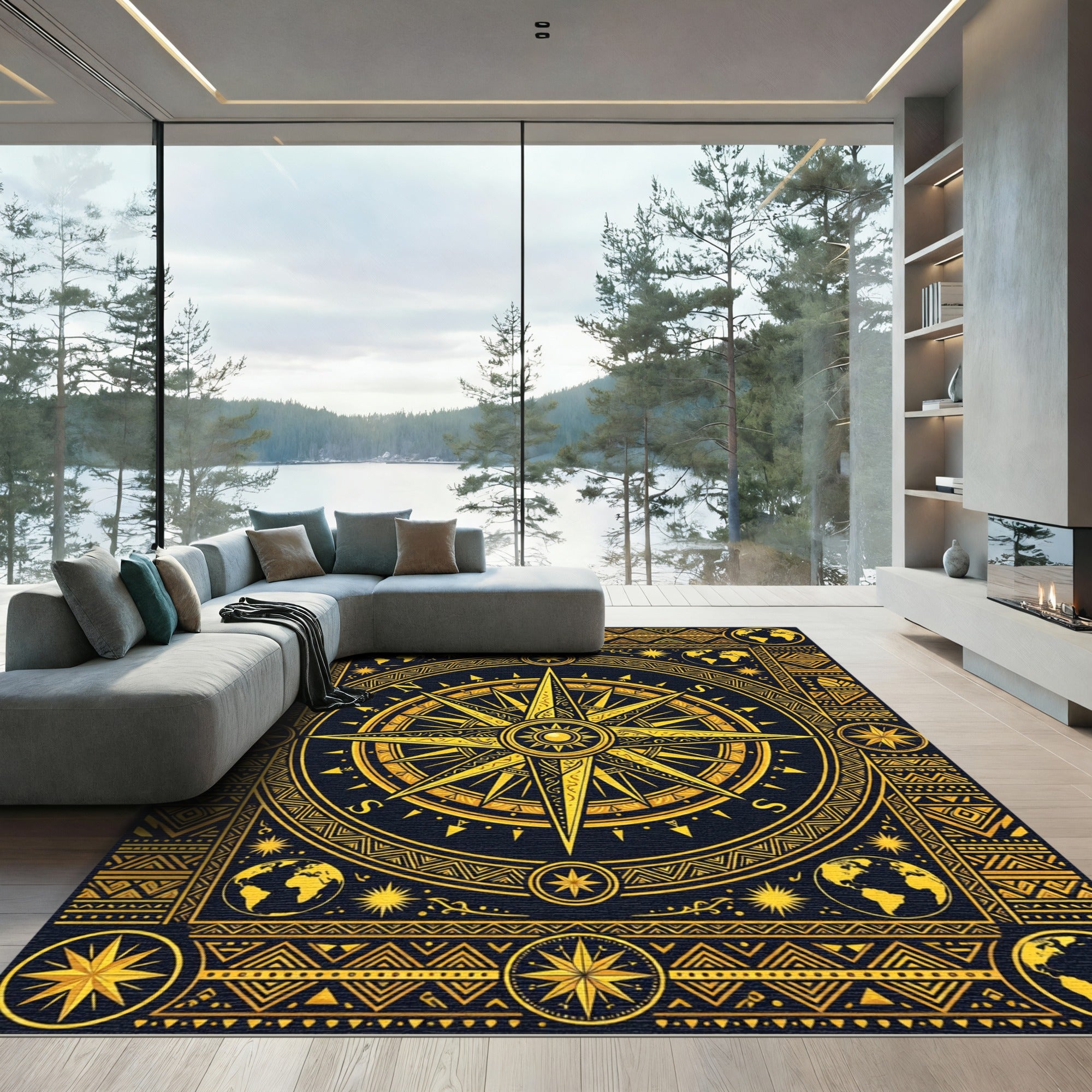 Golden Nautical Compass Global Map Rug