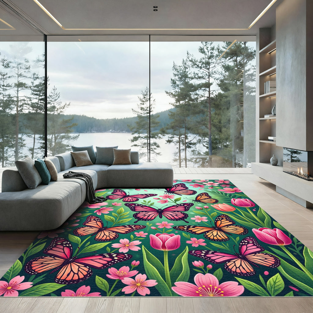 Pink Purple Butterflies Among Tulips Rug