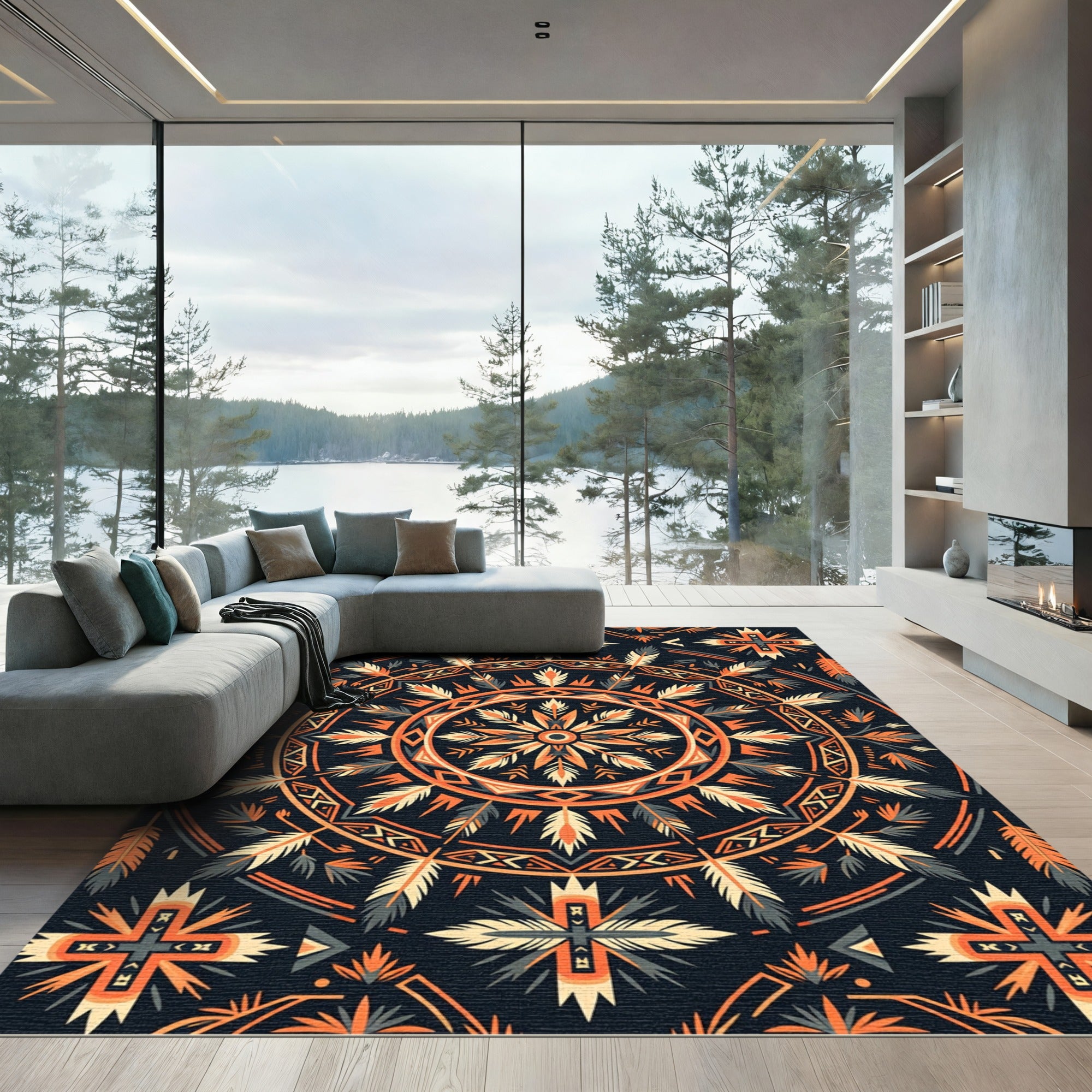 Tribal Feather Mandala Geometric Earthy Rug