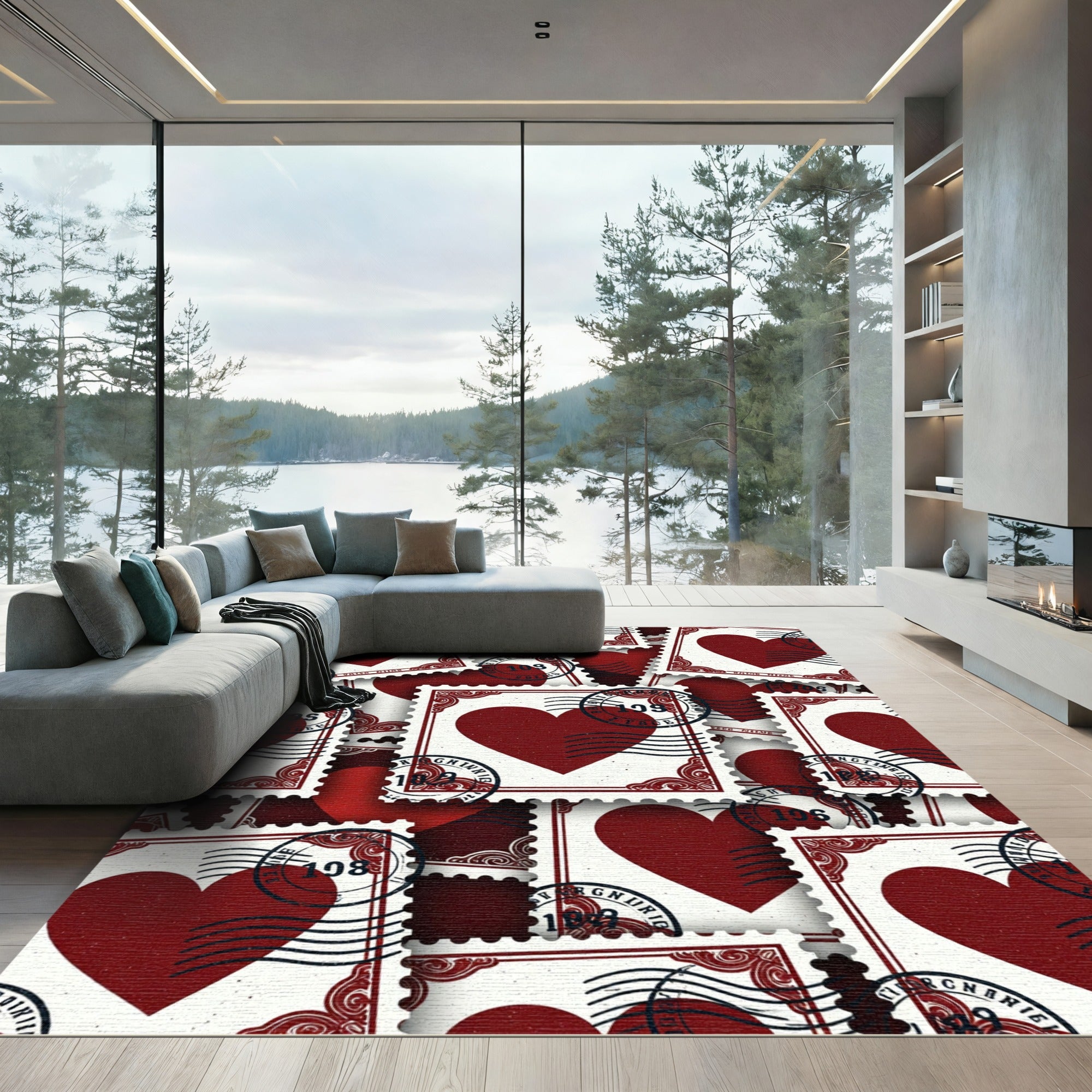 Deep Red Heart Postage Stamp Collage Rug