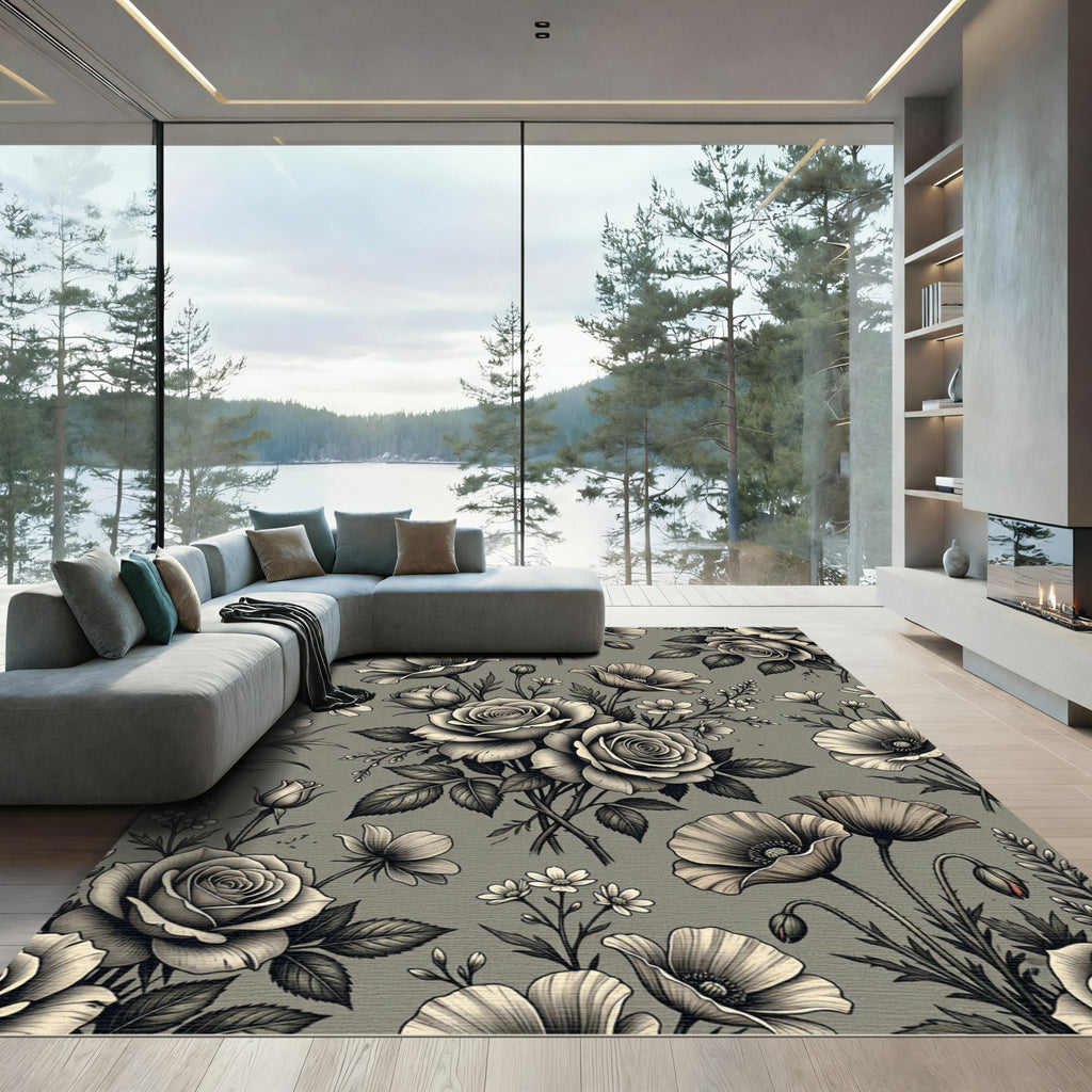 Monochromatic Floral Rose Poppy Arrangement Rug