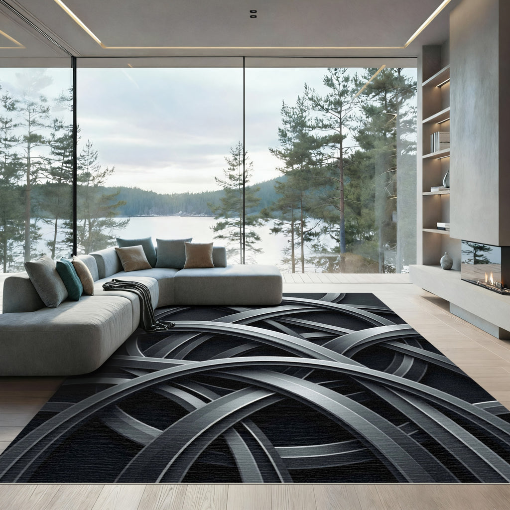 Modern Gray Interlocking Arcs Rug