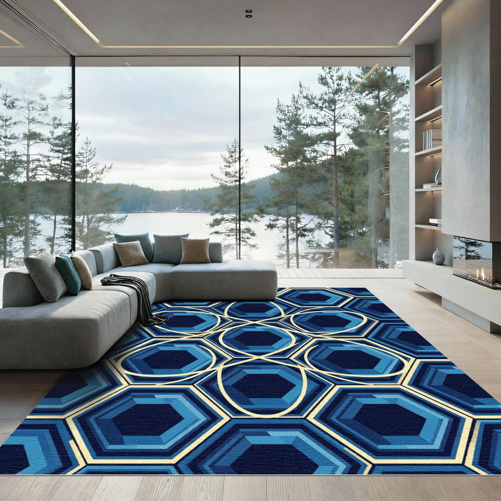 Modern Deep Blue Geometric Hexagon Flow Rug