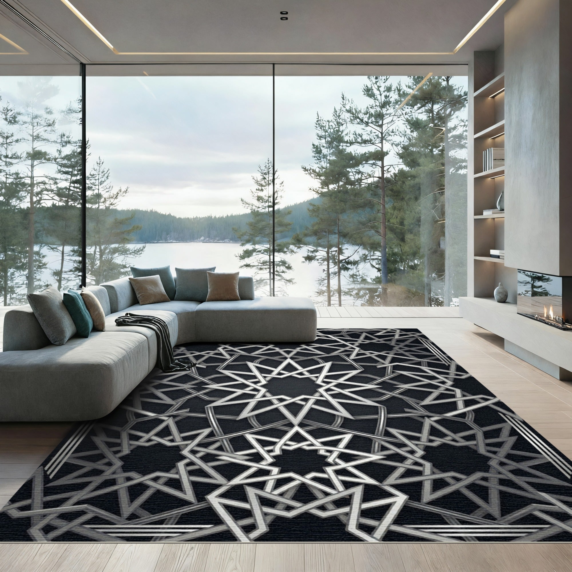 Silver Metallic Geometric Star Lattice Rug