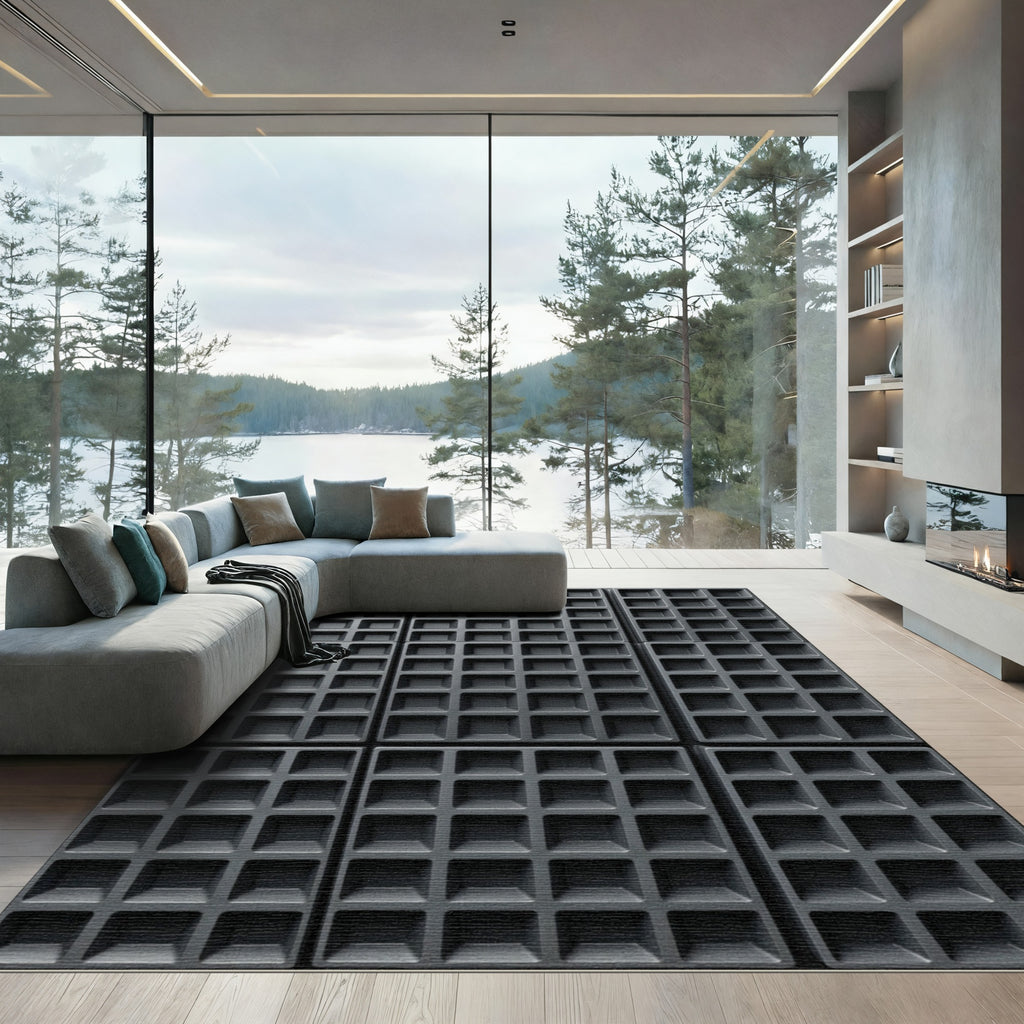 Minimalist Charcoal Structured Grid Square Rug