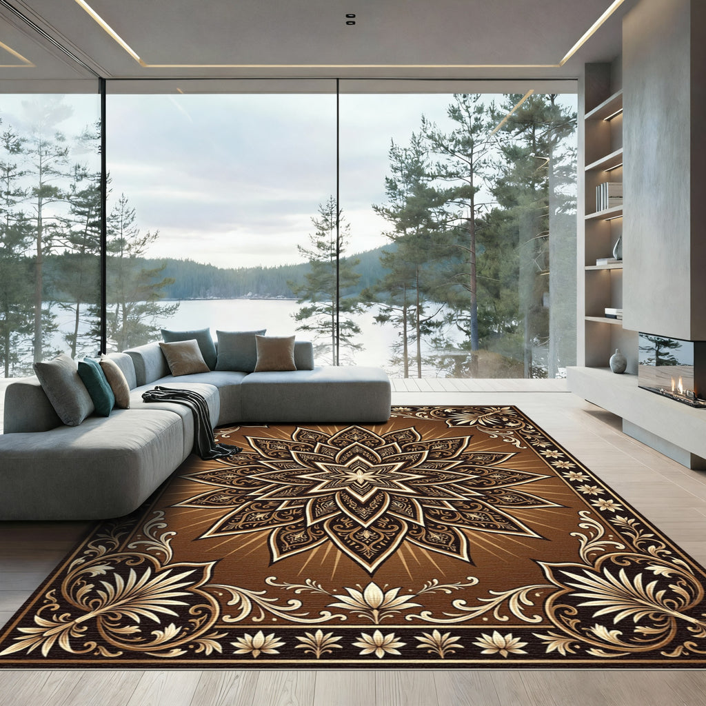 Ornate Bronze Starburst Floral Medallion Rug