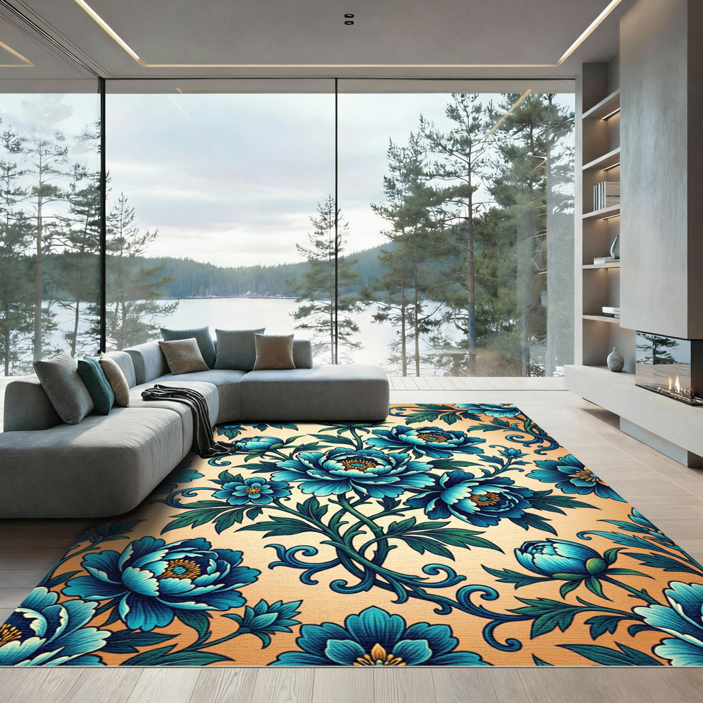 Elegant Indigo Peony Floral Bouquet Rug