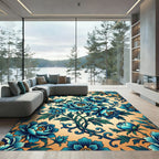 Elegant Indigo Peony Floral Bouquet Rug