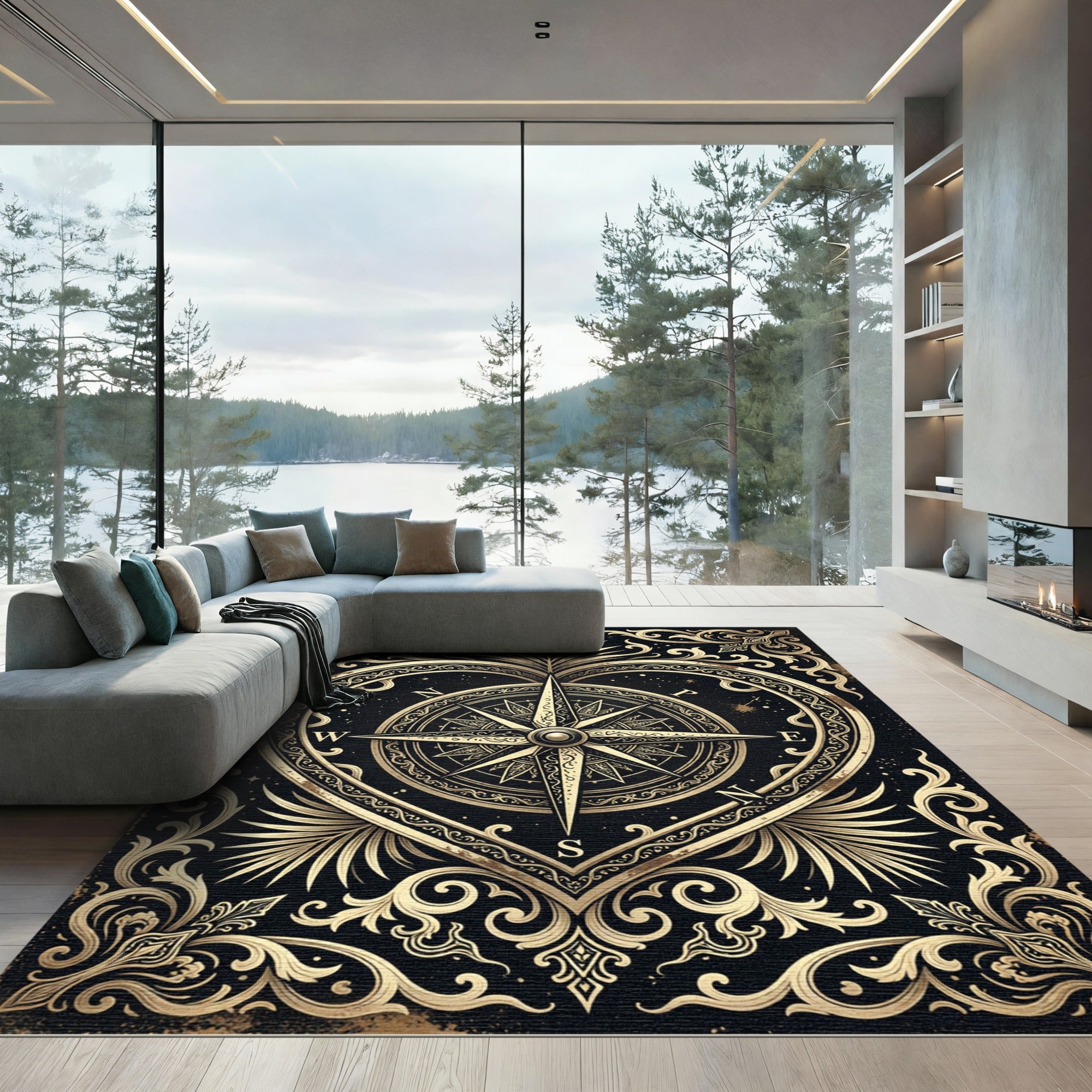 Ornate Gold Compass Heart Emblem Rug