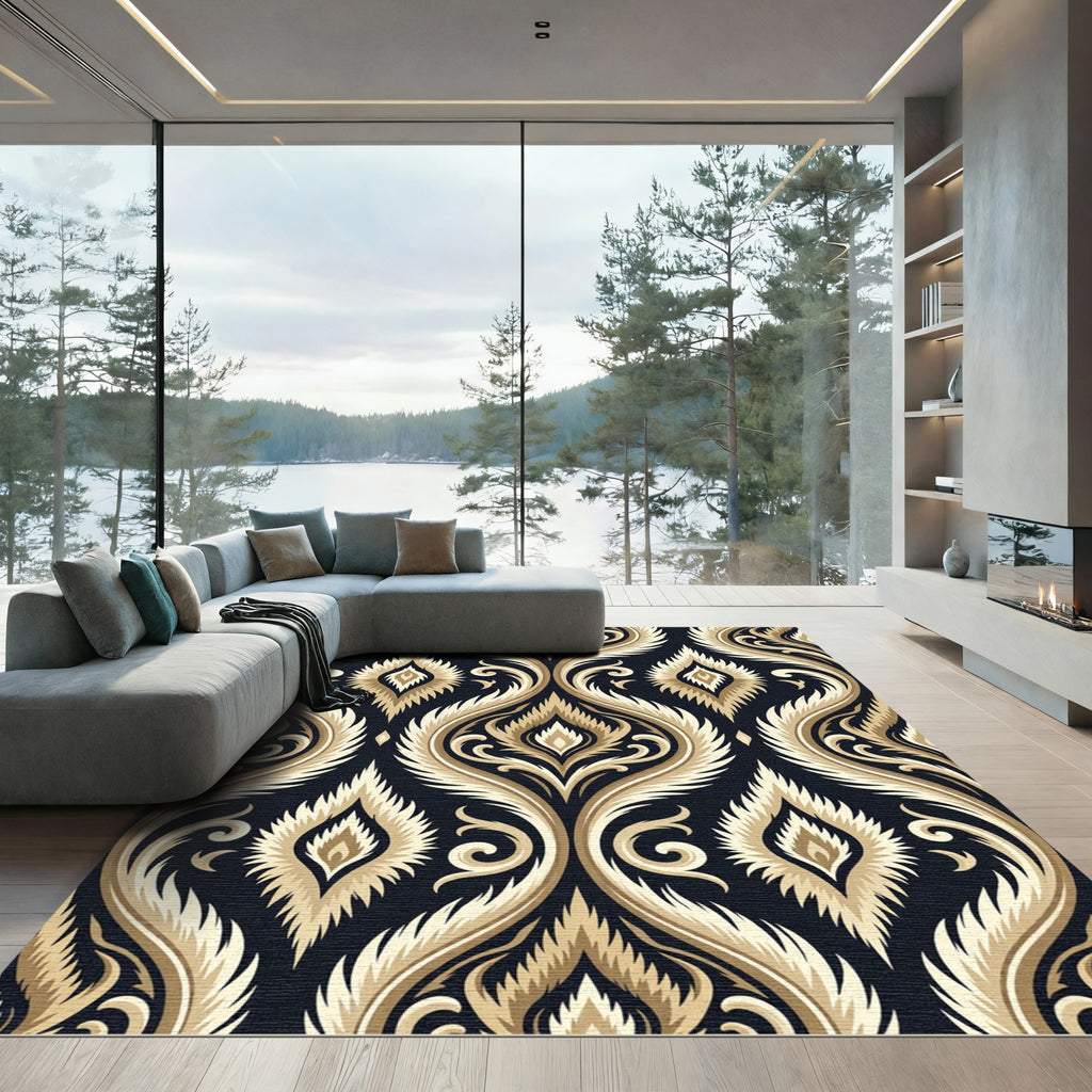 Gilded Black Damask Flourish Rug