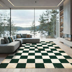 Distressed Dark Green Checkerboard Grid Rug
