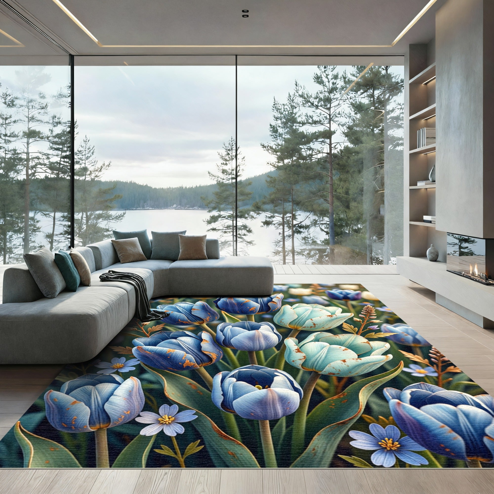 Blue Tulip Garden Floral Art Rug