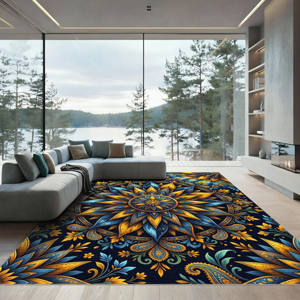 Radiant Blue Yellow Sun Mandala Rug