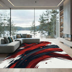 Bold Crimson and Obsidian Abstract Brushstrokes Rug