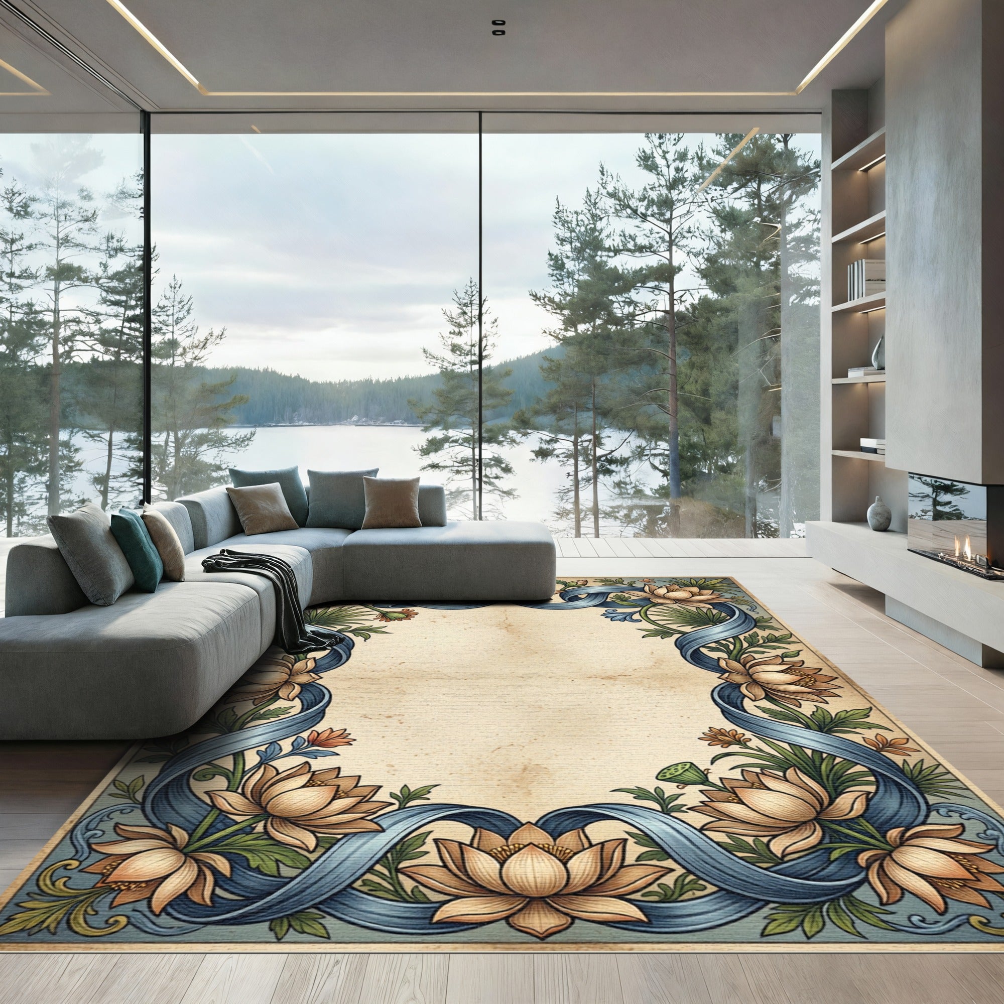 Vintage Blue Ribbon Lotus Floral Rug