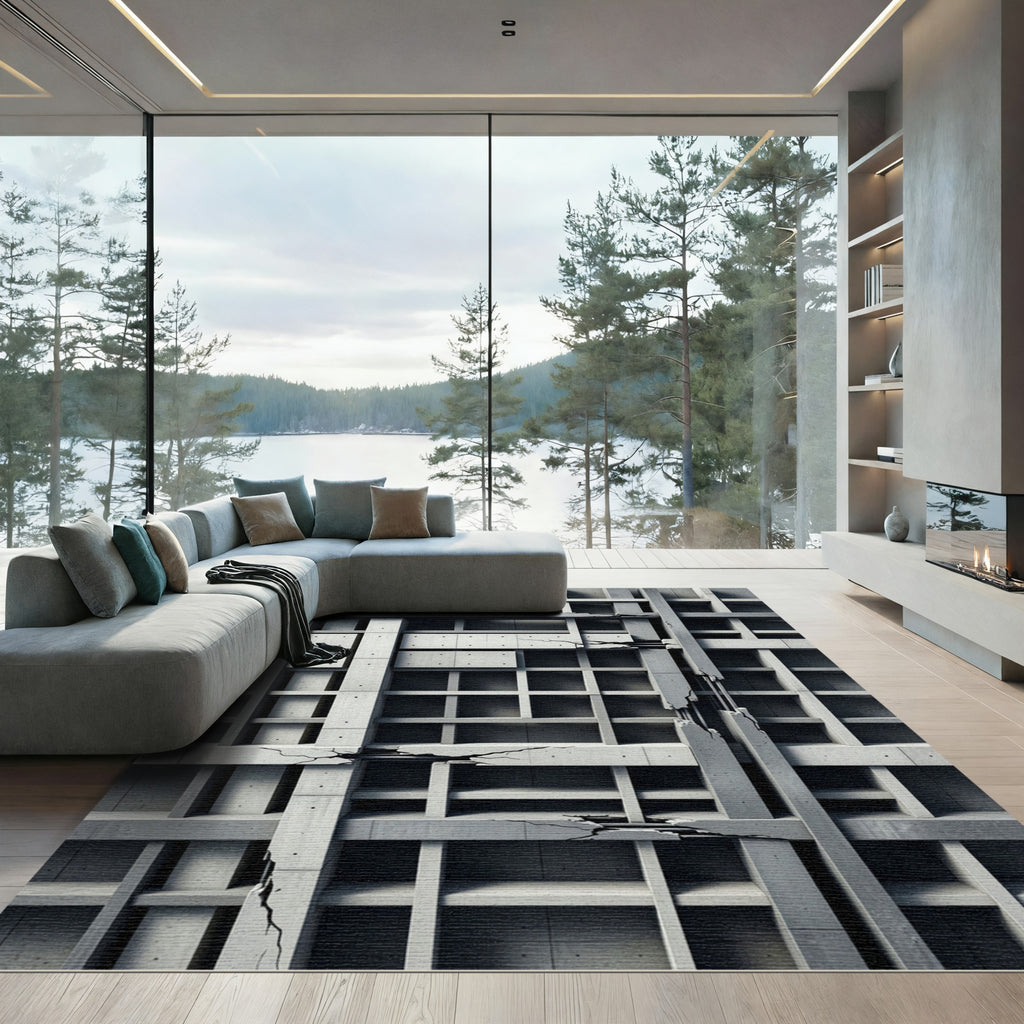 Monochrome Brutalist Concrete Grid Architecture Rug