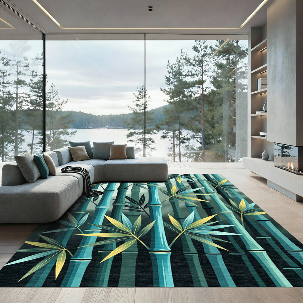 Lush Teal Bamboo Forest Foliage Rug