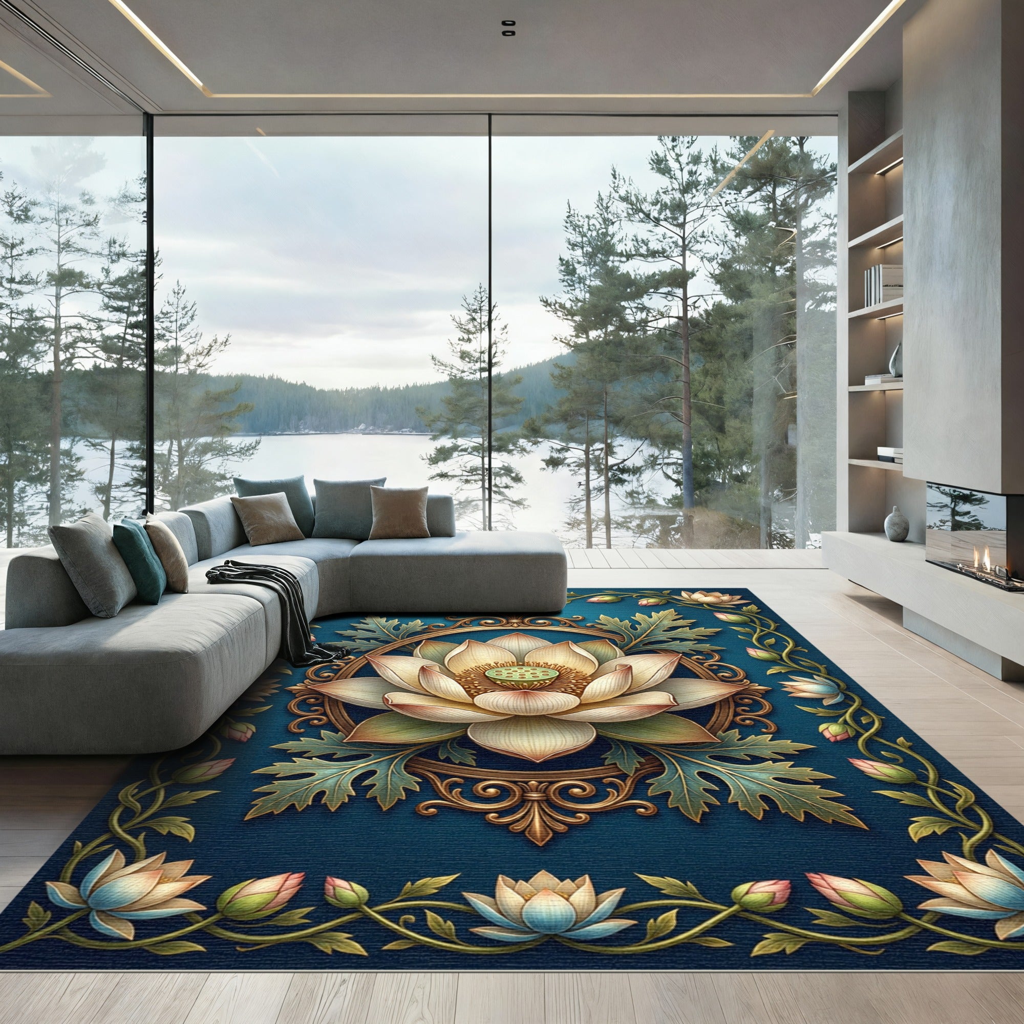 Elegant Golden Lotus Teal Frame Rug