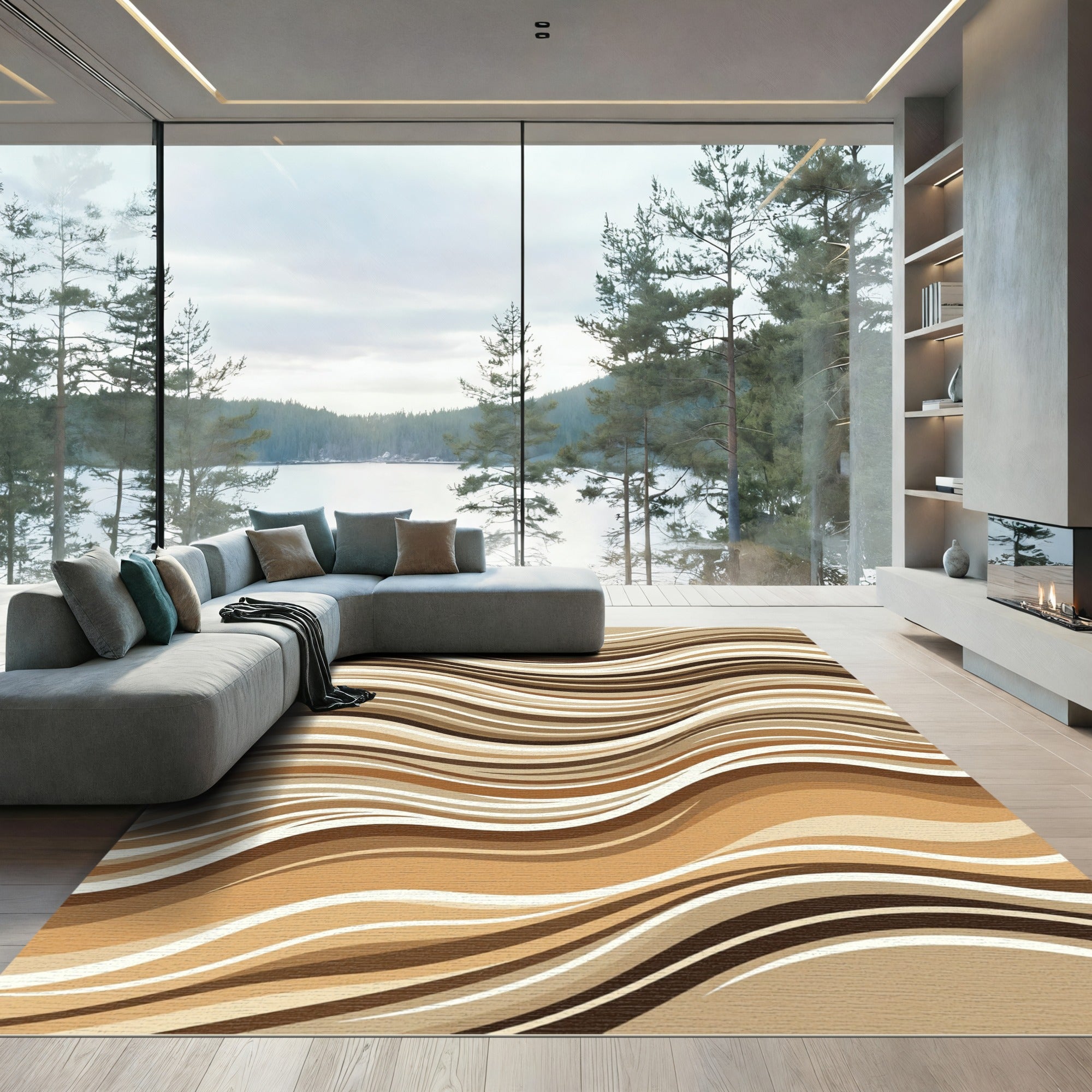 Brown Beige Flowing Waves Rug