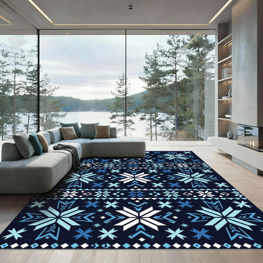 Geometric Nordic Blue Snowflake Frost Rug