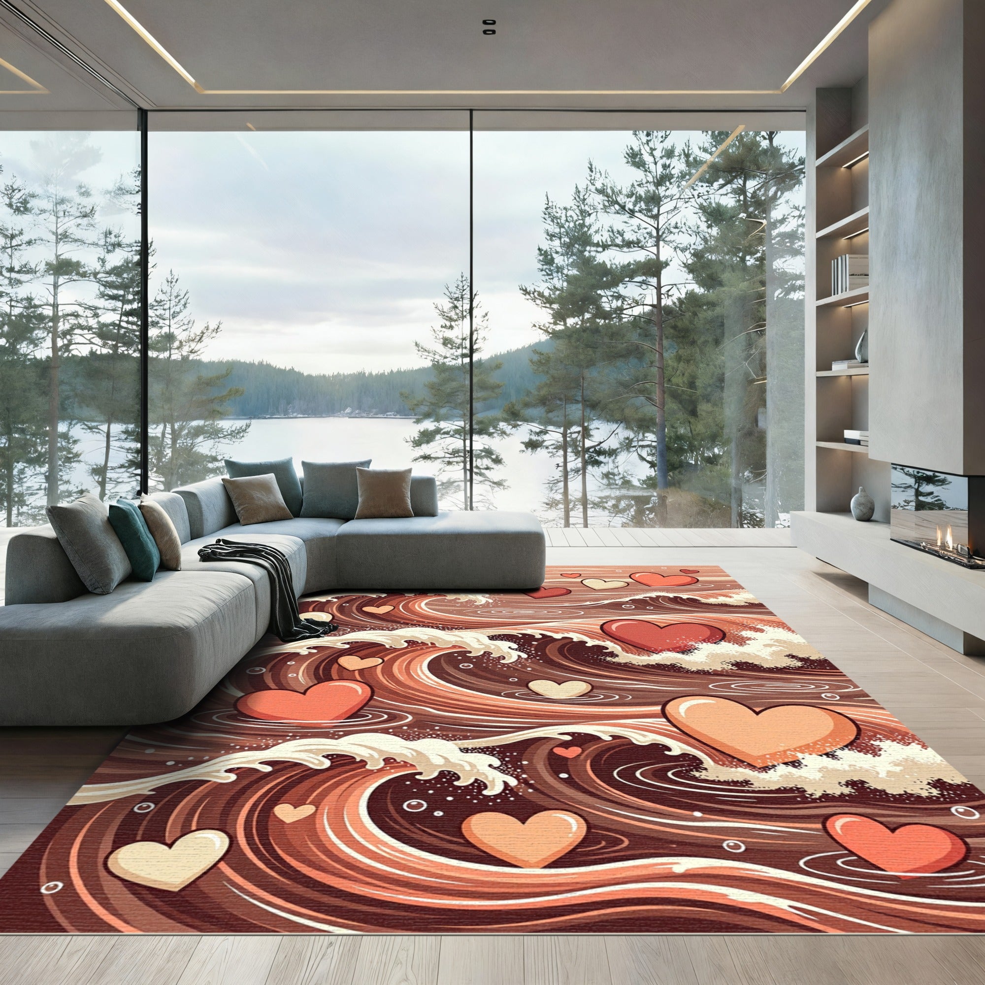 Romantic Chocolate Heart Waves Rug
