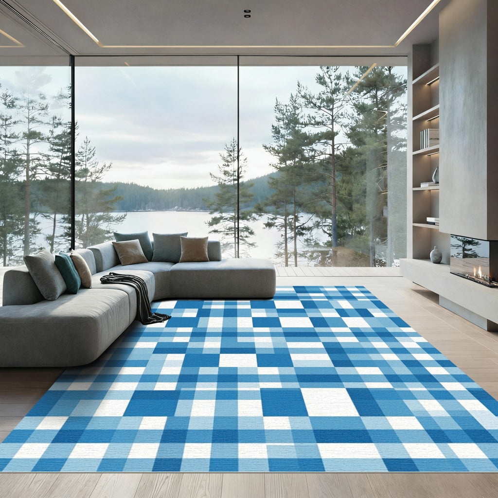 Blue Geometric Checked Grid Area Rug