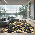 Golden Floral Scroll on Navy Rug