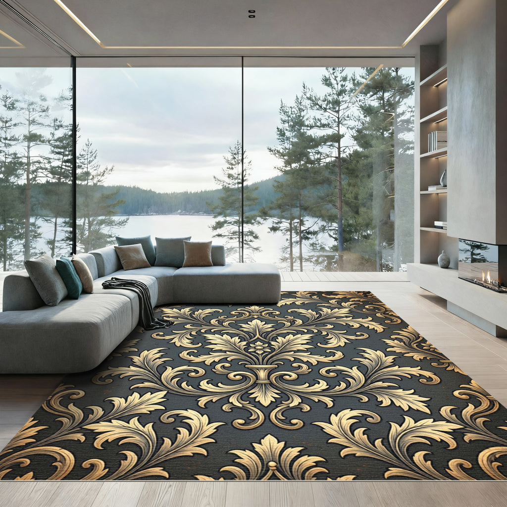 Gold Damask Scroll Charcoal Backdrop Rug