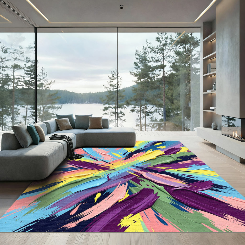 Vibrant Rainbow Brushstroke Explosion Rug