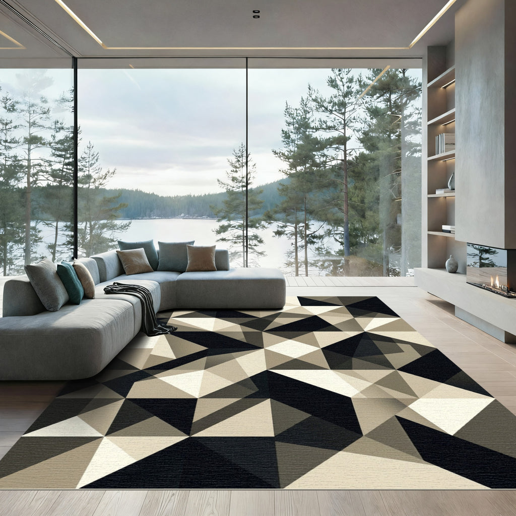 Monochrome Geometric Abstract Angular Art Rug