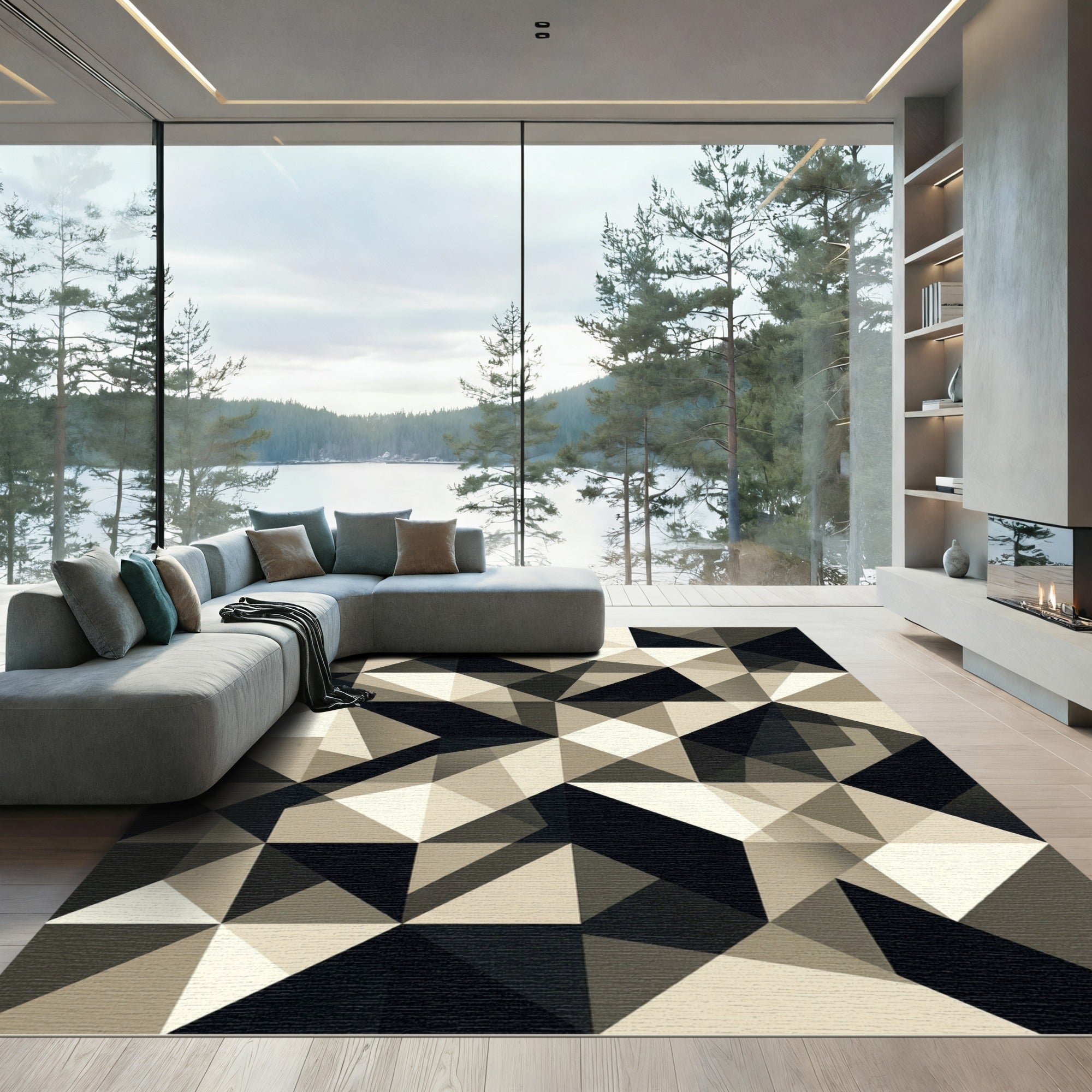 Monochrome Geometric Abstract Angular Art Rug