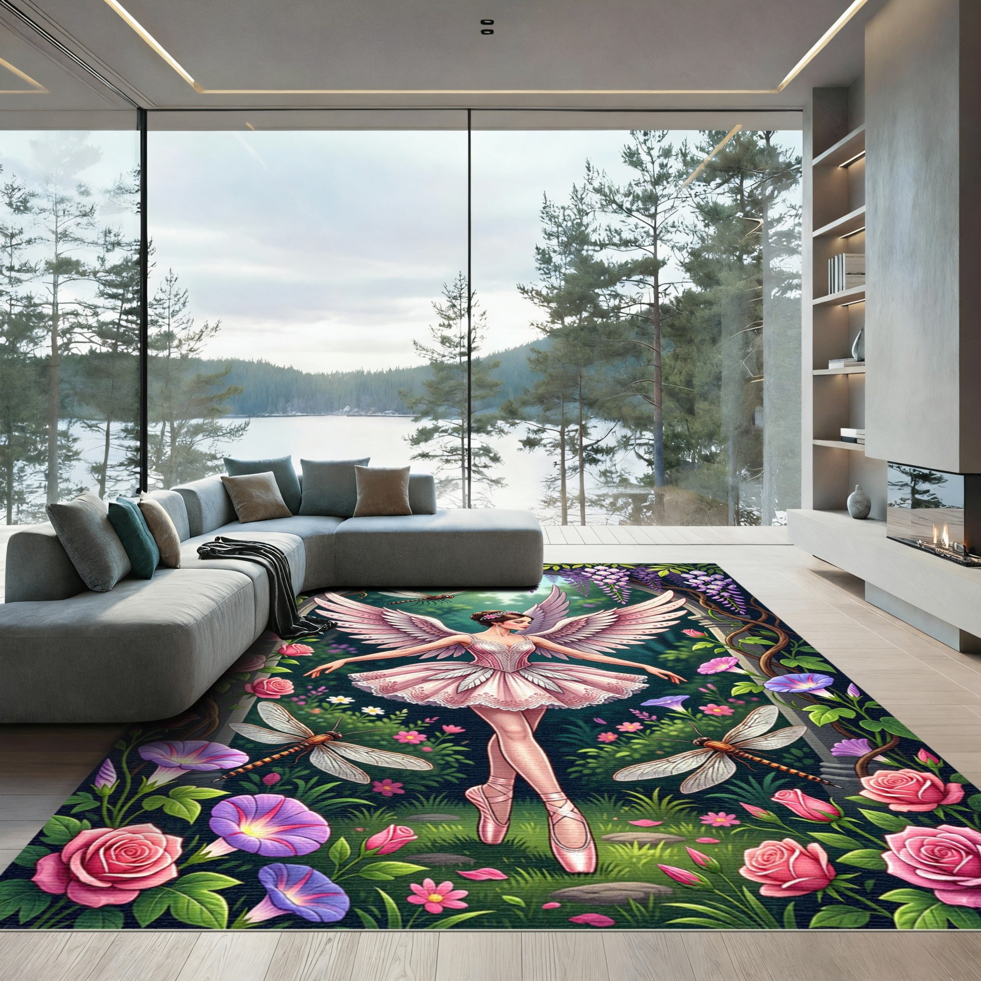 Whimsical Fairy Ballerina Pink Floral Garden Rug
