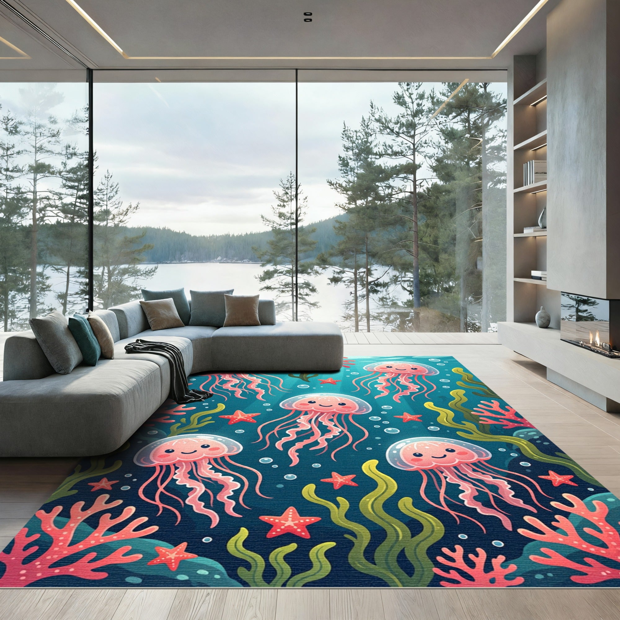 Whimsical Pink Jellyfish and Coral Abyss Rug