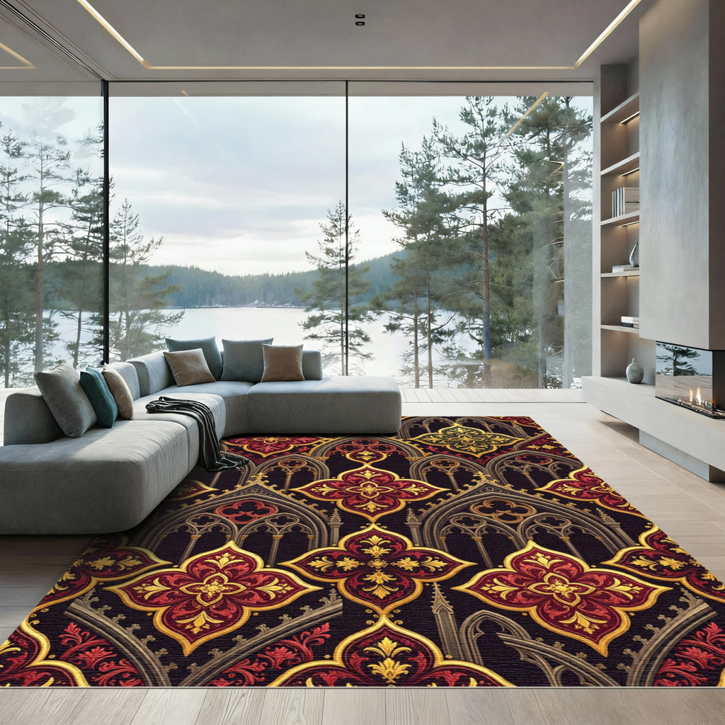 Gothic Crimson Gold Trefoil Arch Ornament Rug