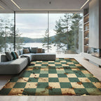 Distressed Teal and Cream Checkerboard Rug