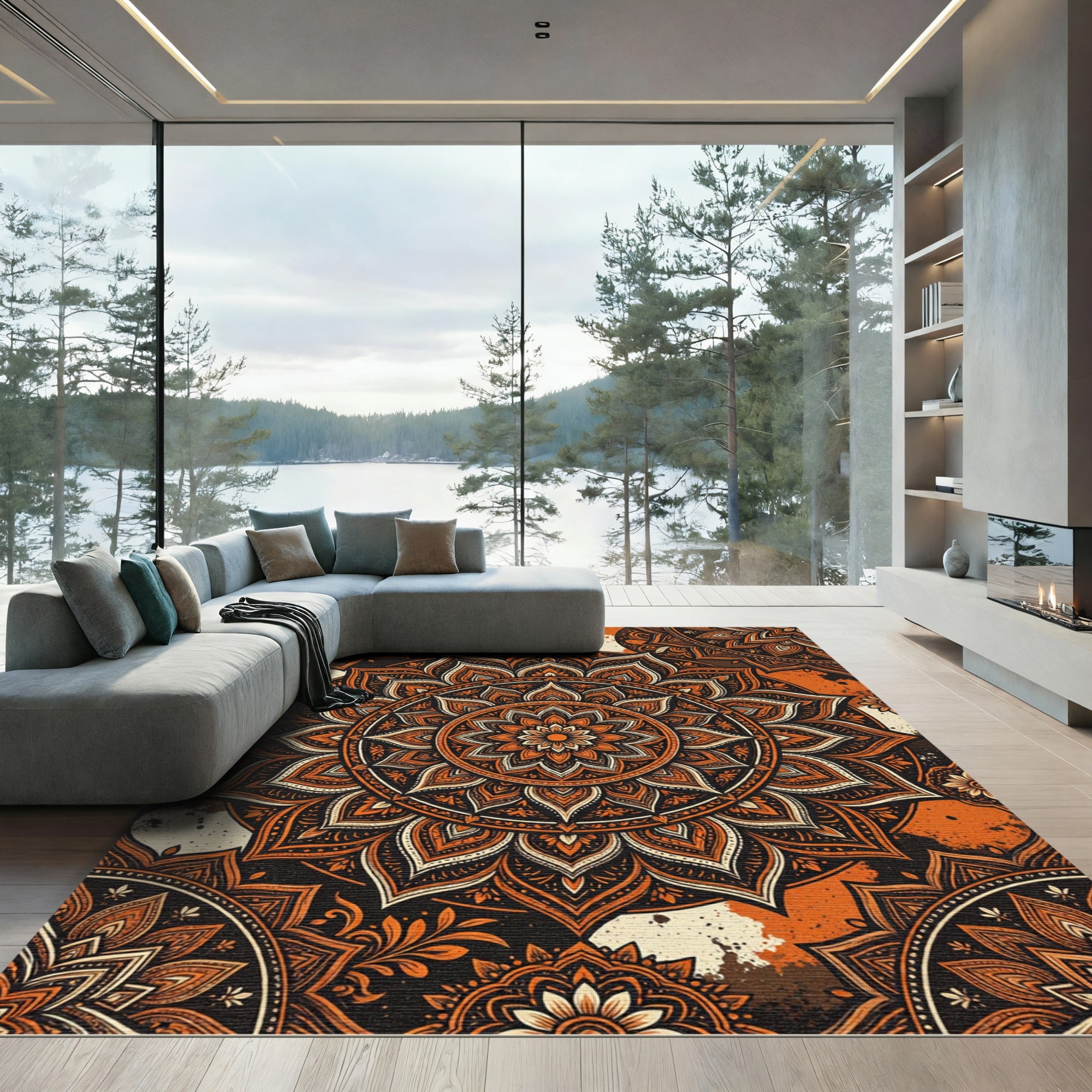 Burnt Orange Floral Mandala Medallion Rug