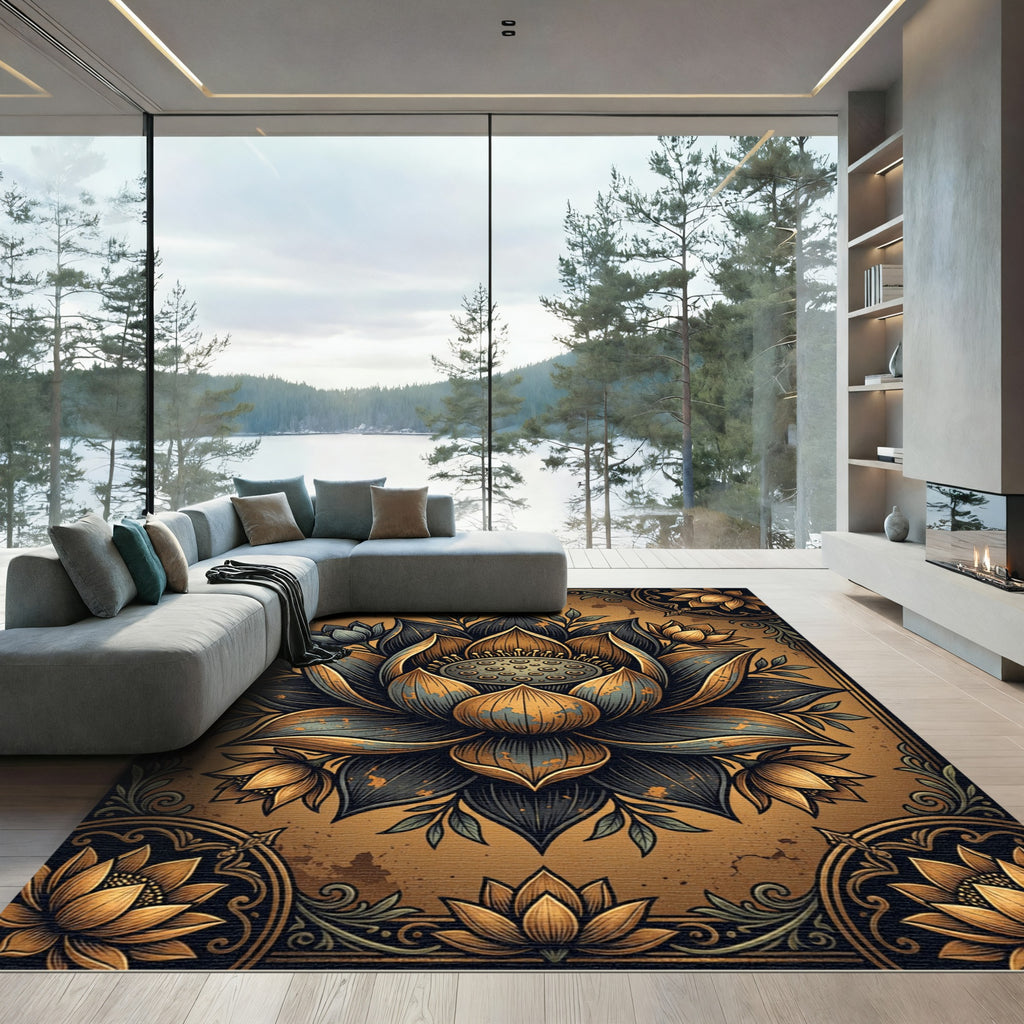 Metallic Gold and Slate Lotus Flower Rug