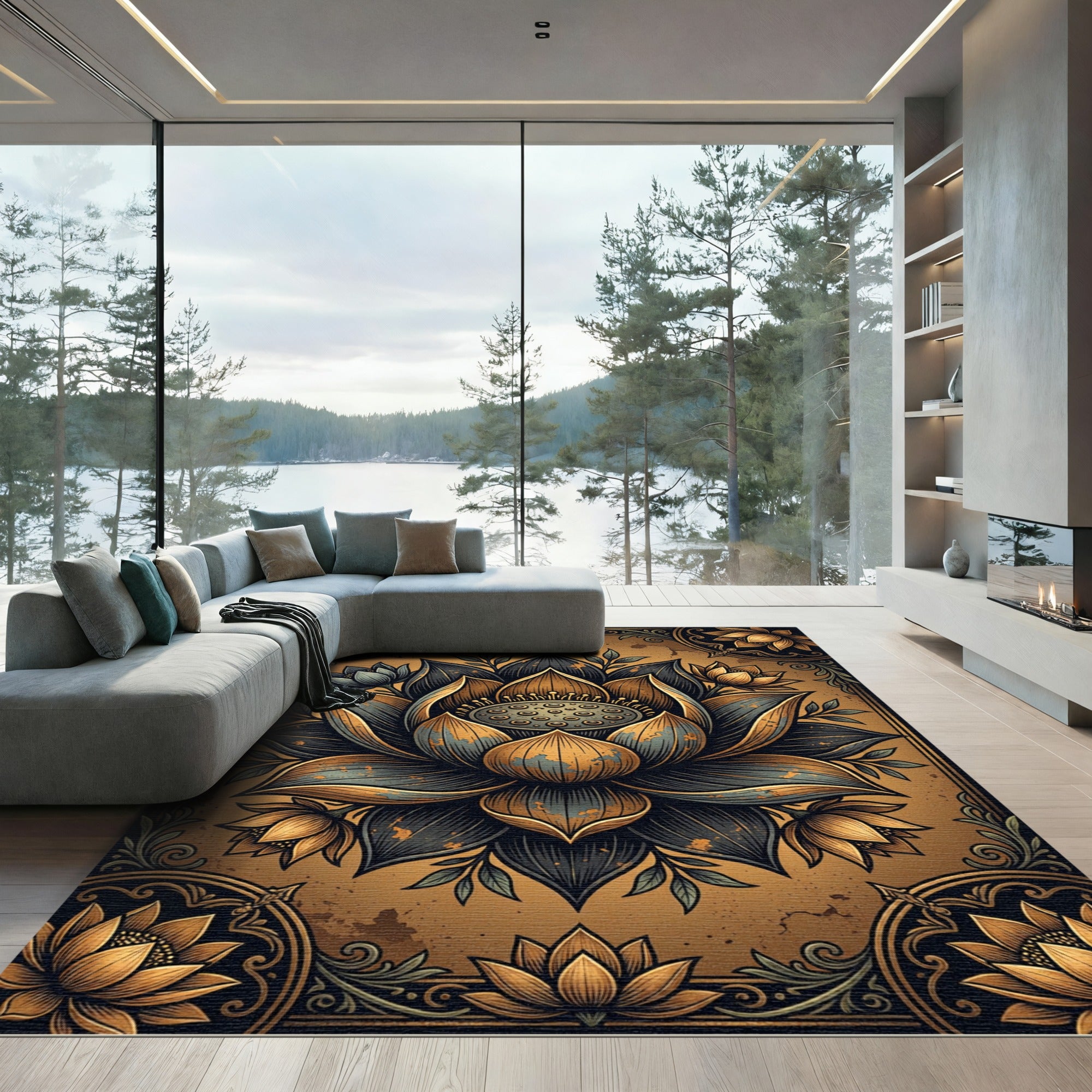 Metallic Gold and Slate Lotus Flower Rug