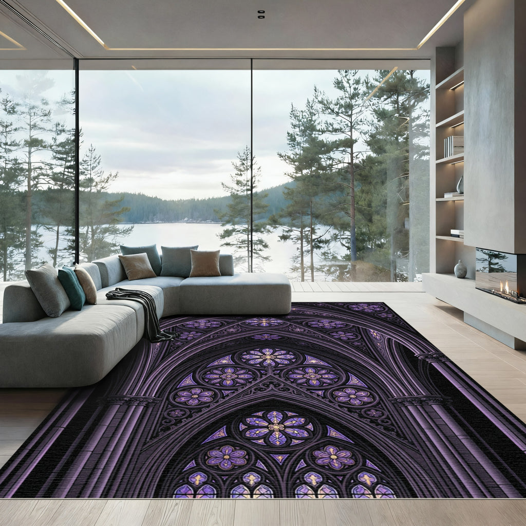 Gothic Violet Floral Cathedral Arch Rug