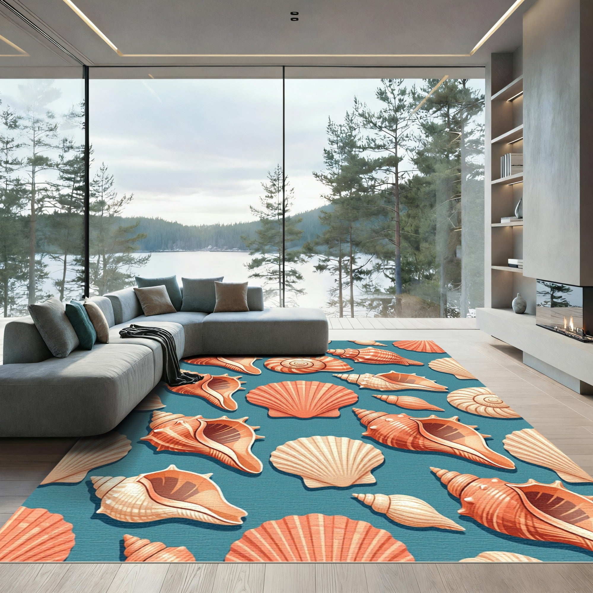 Coastal Oceanic Seashell Coral blue Backdrop Rug