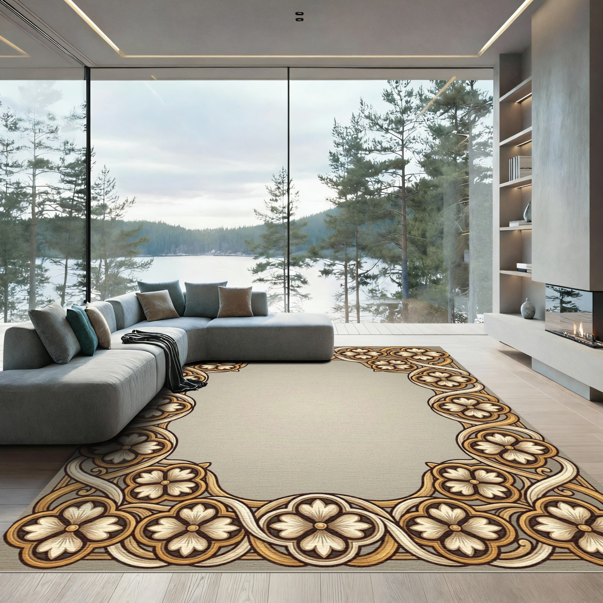 Golden Beige Quatrefoil Floral Border Rug