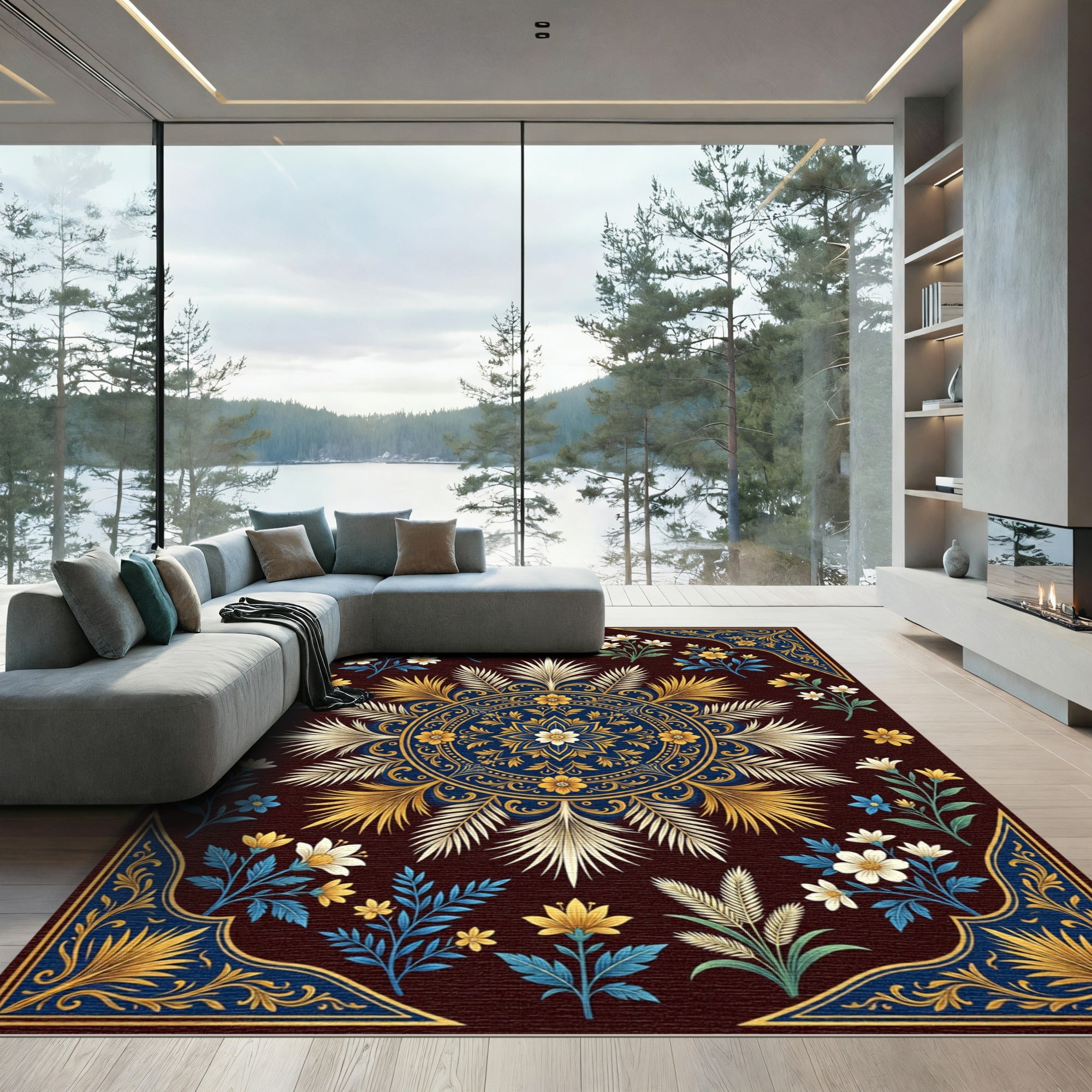 Deep Blue Golden Floral Mandala Design Rug