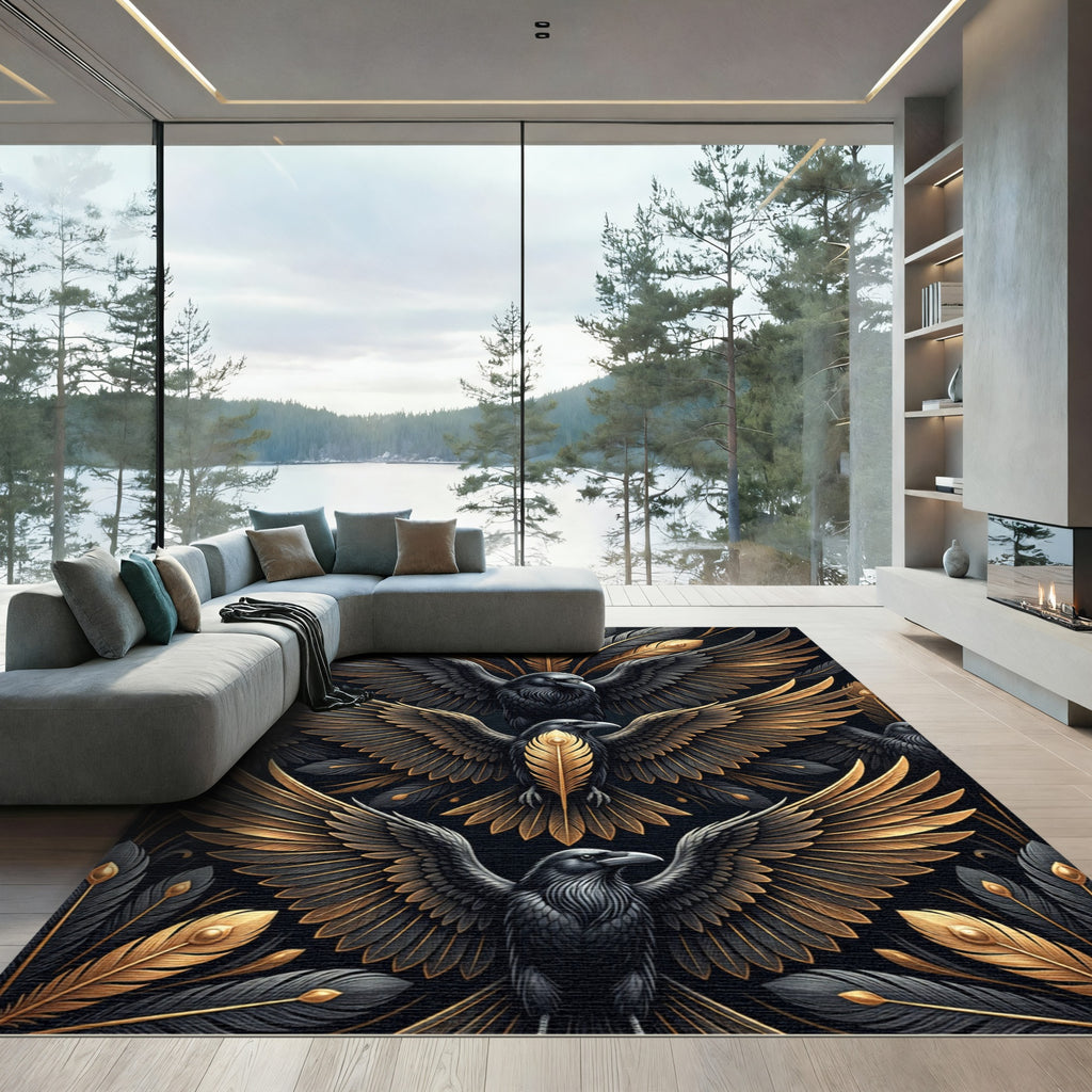 Gilded Raven Wings Black Gold Art Rug