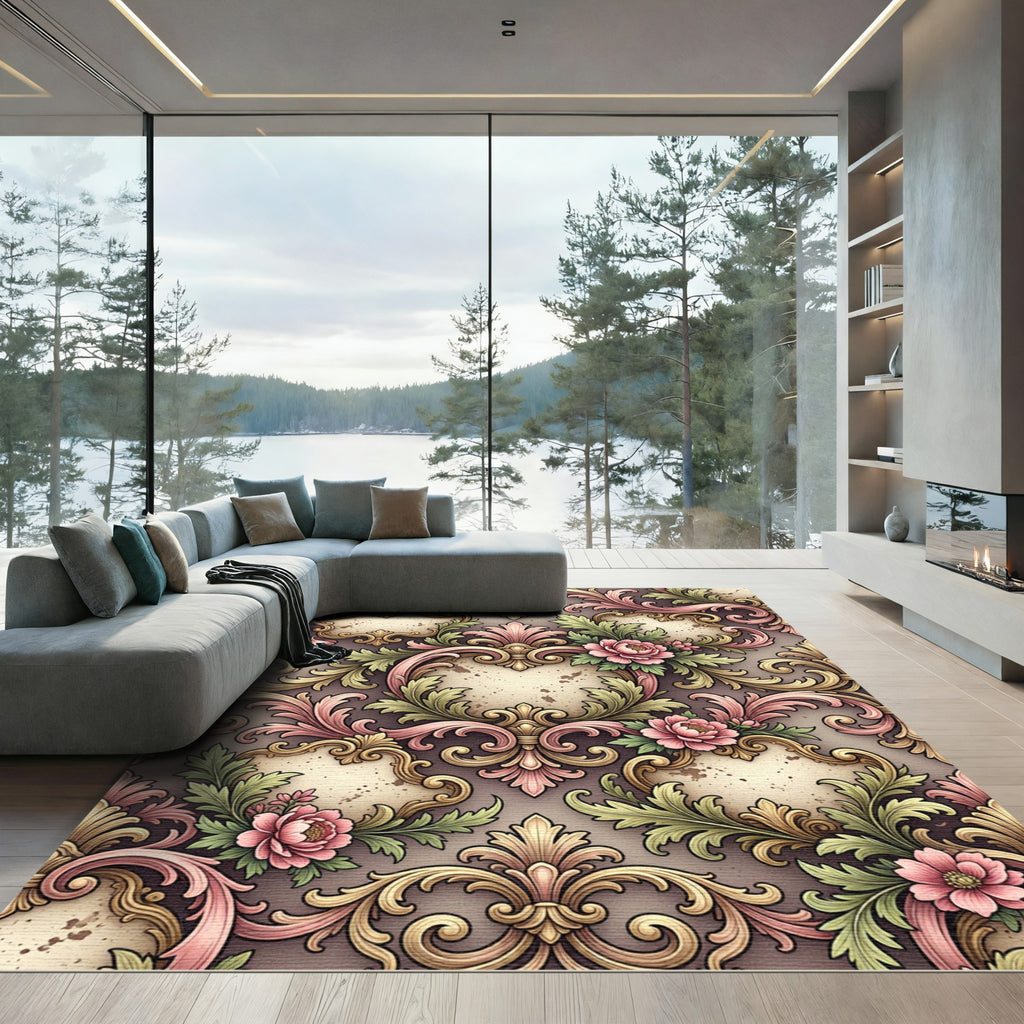 Ornate Pink Floral Acanthus Scrollwork Rug