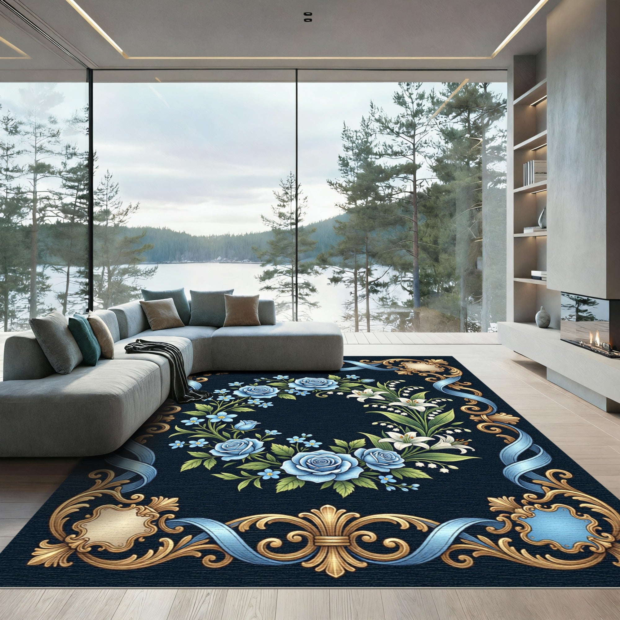 Ornate Blue Rose Laurel Wreath Rug
