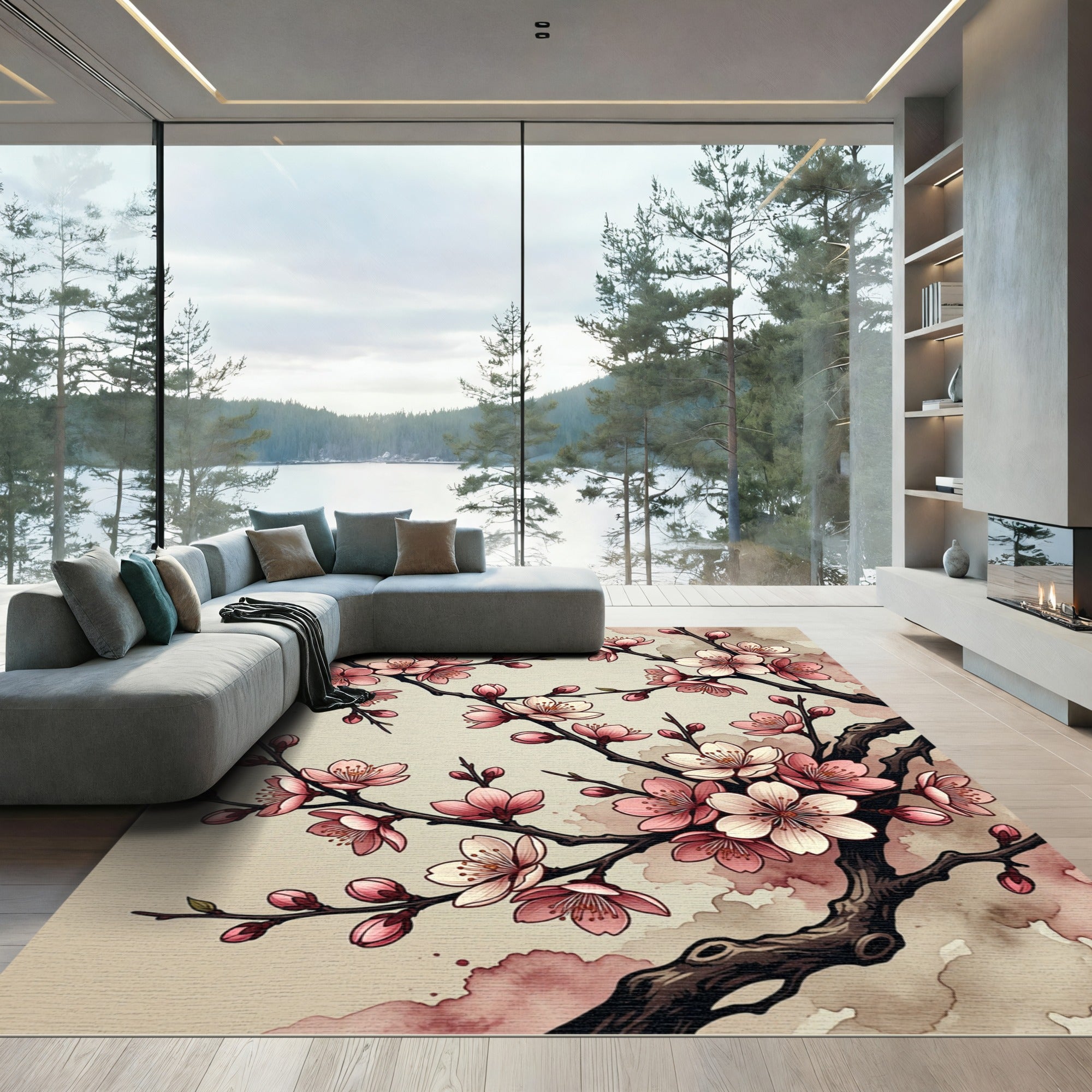 Elegant Pink Cherry Blossom Branch Rug