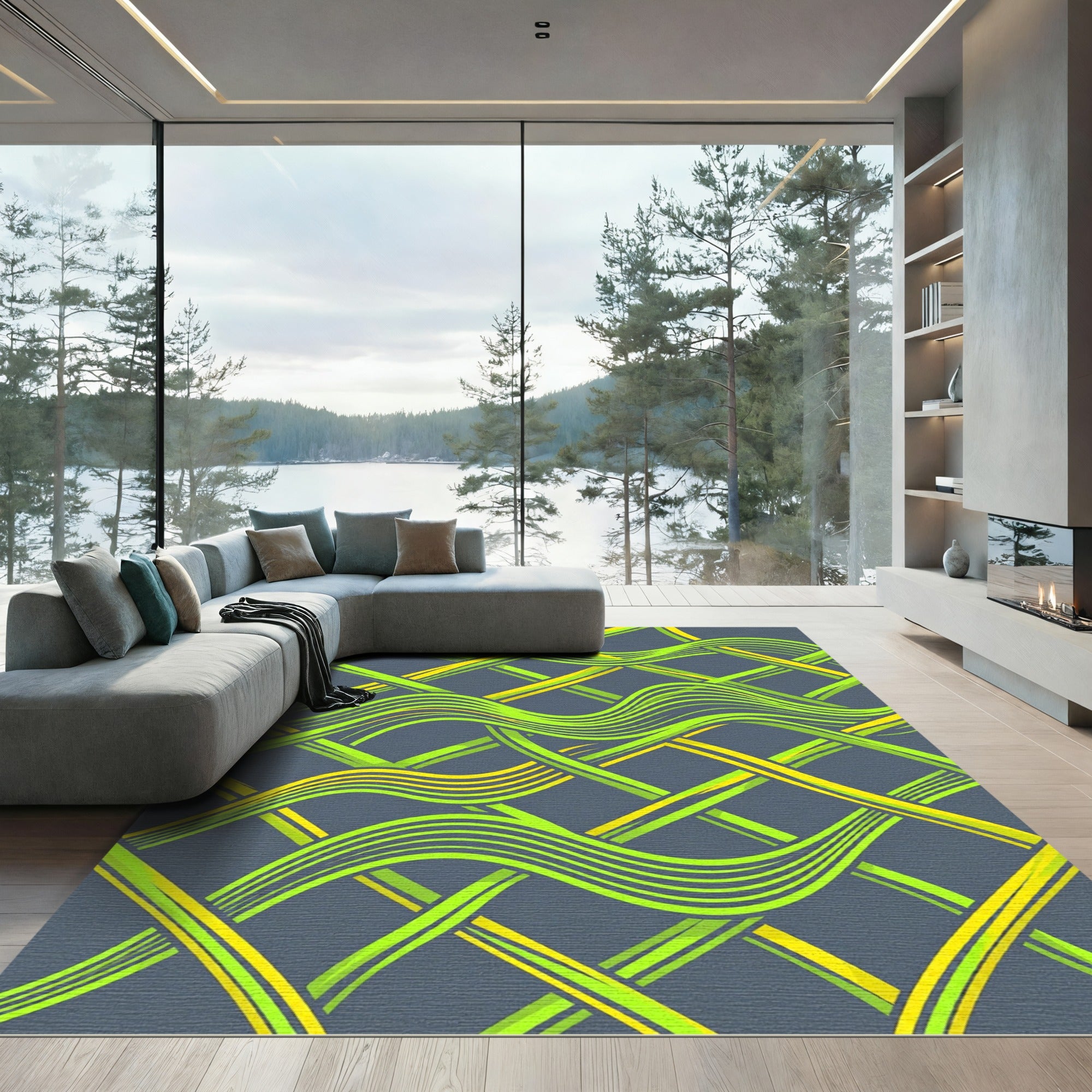 Vibrant Neon Lime Wavy Intersecting Lines Rug