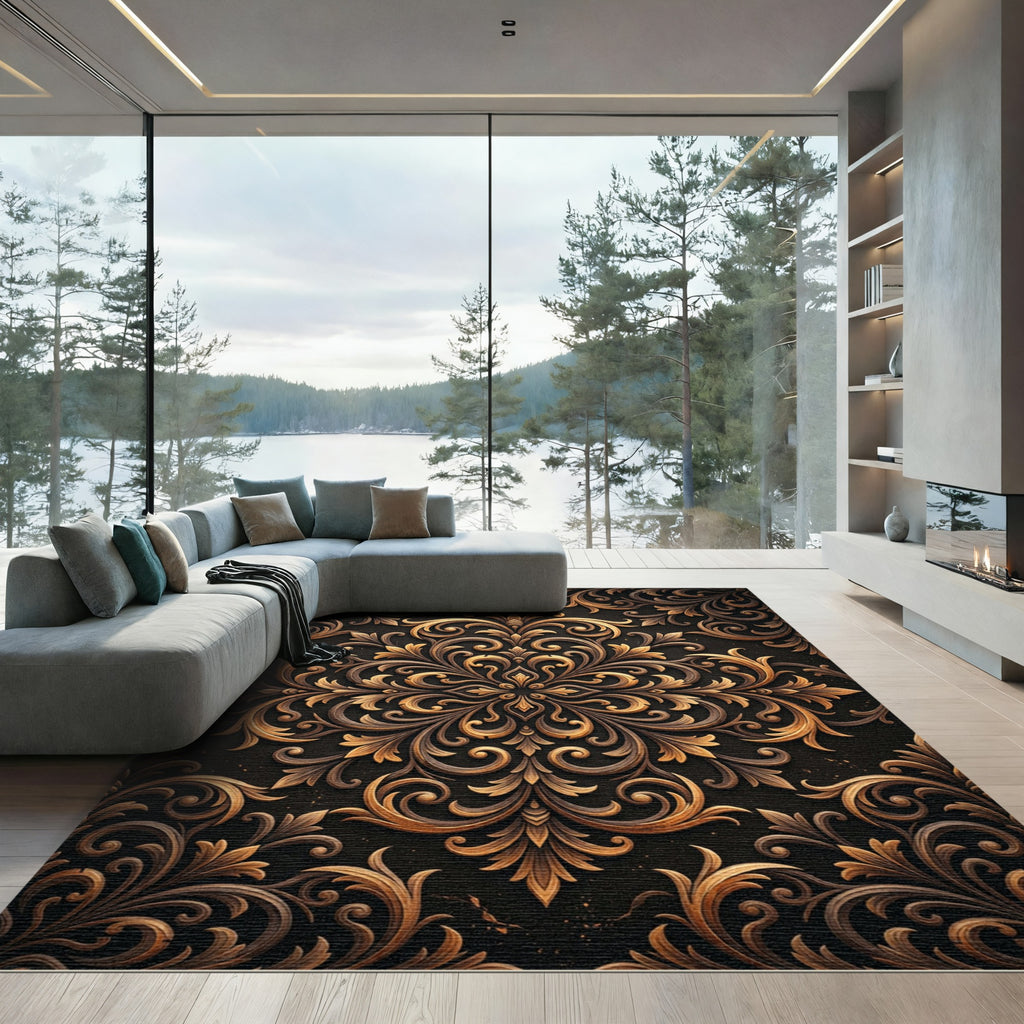 Ornate Gold and Bronze Damask Rug